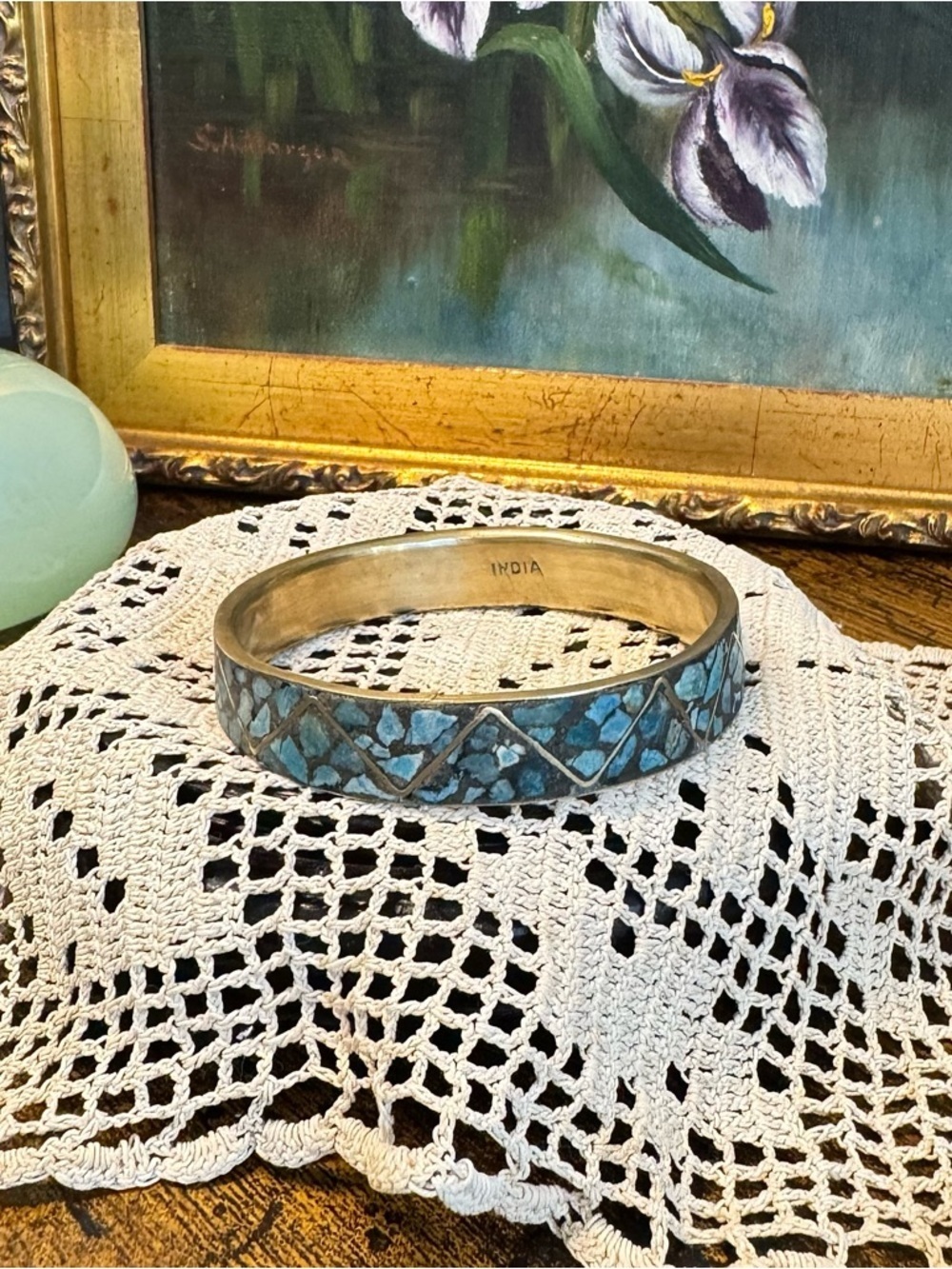 Vintage Indian Brass Bangle Bracelet Turquoise Inlay Mosaic Zig Zag